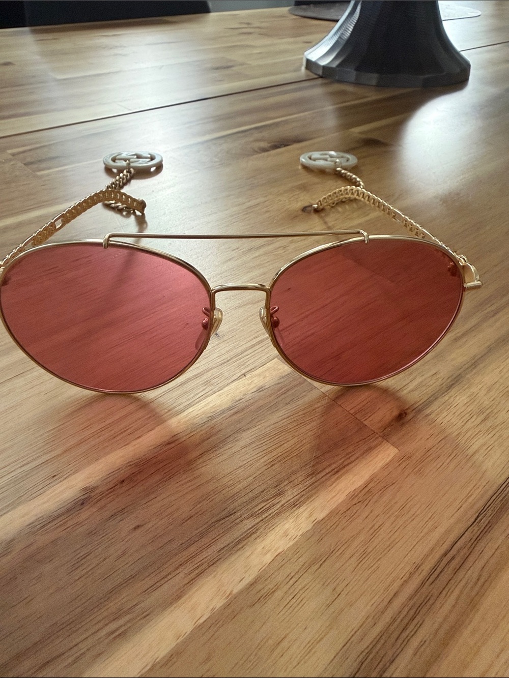 Gucci Gold Frame Sunglasses with Pink/Red Lenses